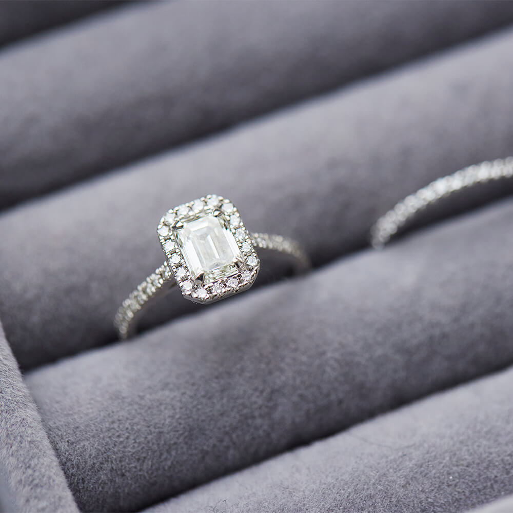Emerald Cut Diamond Solitaire Ring with Halo