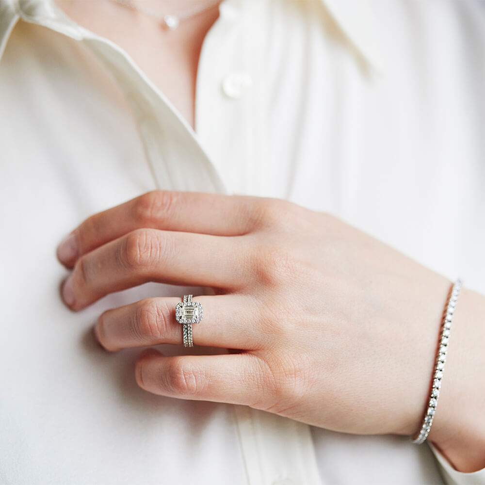 Emerald Cut Diamond Solitaire Ring with Halo